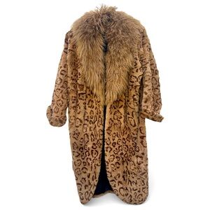 VINTAGE CAROL LITTLE SHEARED BEAVER Leopard Print Fur Coat w/Mongolian Collar